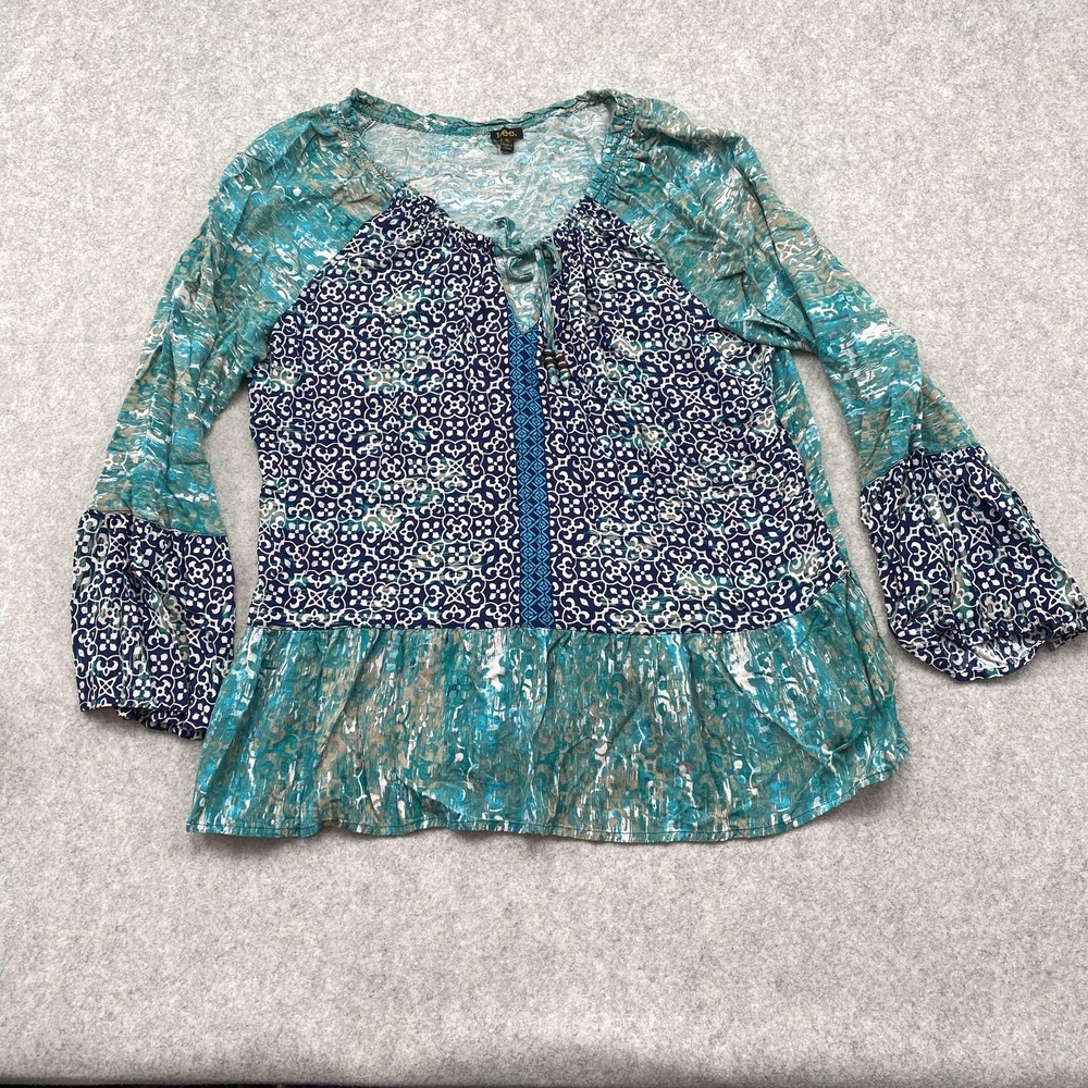 Lee Blouse Womens XL Multicolor Geometric Bell Sleeve Scoop Neck Boho Tunic Top